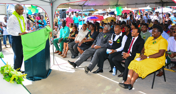 President David Granger addresses the gathering at the re-launching of the Linden Enterprise Network