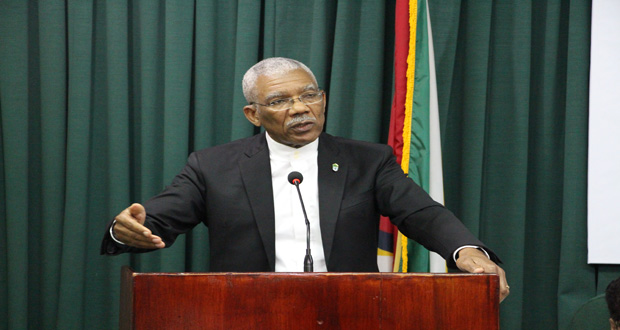 President David Granger during his address to MPs yesterday at the Ministry of the Presidency