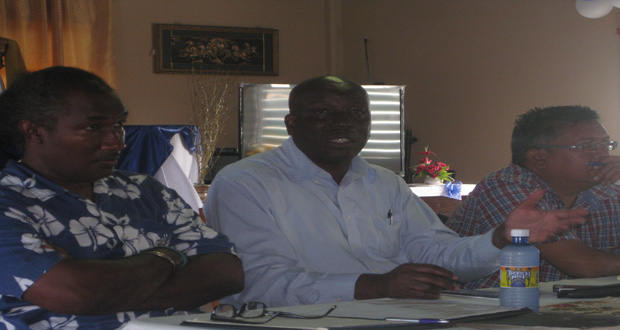 From left are President of St Francis Community Developers Alex Foster and Permanent Secretary in the Ministry of Agriculture George Jervis at their meeting on Tuesday (crop out the other person)
