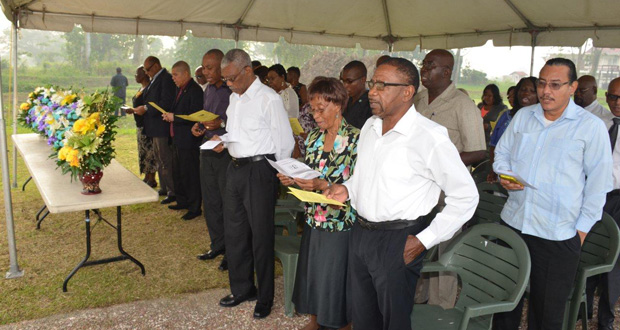 From right: Former Leader of the Opposition, Robert Corbin; President David Granger and ministers of government at the Commemoration of the 13th Death Anniversary of former President, Hugh Desmond Hoyte