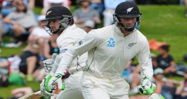 day of the first test against Sri New Zealand batsmen Kane Williamson (left) and Martin Guptill run through for a quick single