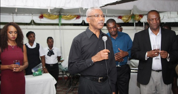 President David Granger addressing the gathering at the home of Minister of State, Joseph Harmon, last evening (Ministry of the Presidency photo)