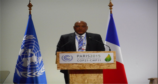 Minister Trotman addresses the high-level plenary of the UN Climate Summit in Paris