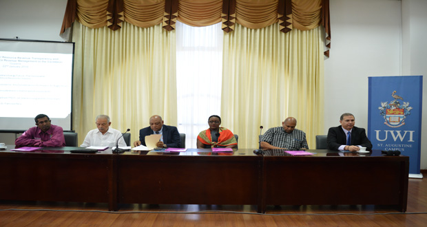 (From L-R) UWI Economist Roger Hosein, TTEITI Chairman Victor Hart, Minister of Natural Resources Raphael Trotman, Minister within the Ministry of Natural Resources Simona Broomes, TT’s former Minister of Finance, Energy and National Security, Conrad Enill and Dr. Francisco Paris of EITI International