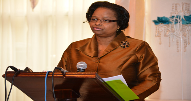 Volda Lawrence, Minister of Social Protection, speaks at the press conference at the Millennium Manor Hotel
