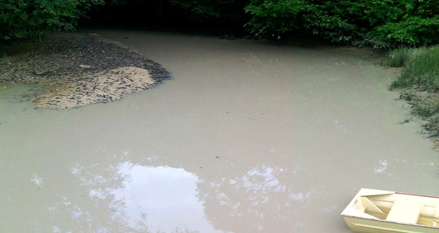 The discoloured creek at the village of Karrau, Region Seven