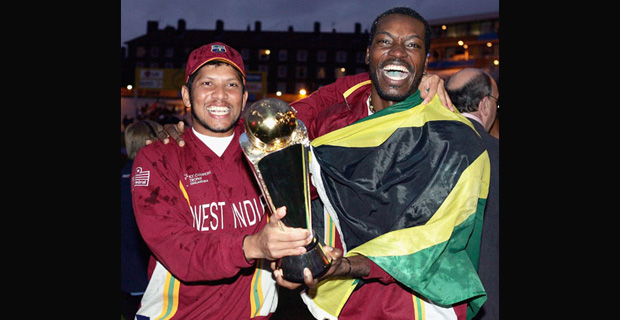 Ramnaresh Sarwan and Chris Gayle hold the Champions Trophy, England v West Indies, Champions Trophy final, The Oval, September 25, 2004( Getty images)