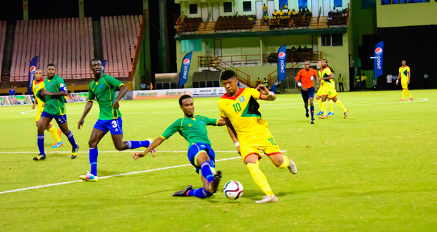 Emery Welshman in action for Guyana against St Vincent and the Grenadines at the Guyana National Stadium (Samuel Maughn photo)