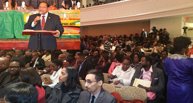 Prime Minister Moses Nagamootoo (inset) addresses the gathering at the launch of Guyana's Golden Jubilee celebrations at the Jamaica Performing Arts Centre, Queens, New York