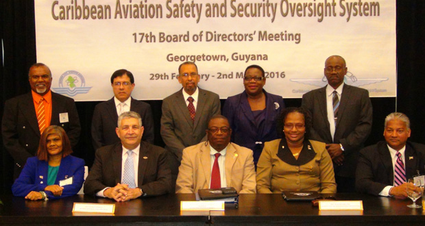 Minister within the Ministry of Public Infrastructure, Annette Ferguson (second right), and CASSOS Chairman Nari Williams-Singh (right) are seen with members of CASSOS and the GCAA. Also present are GCAA Chairman Lawrence London (third right), and GCAA Director General Chaitrani Heeralall (left)
