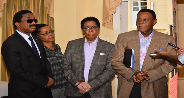 Left to right: AG Basil Williams and Rodney CoI Commissioners - Queens Counsel Jacqueline Samuels-Brown; Senior Counsel Seenath Jairam; and Sir Richard Cheltenham at the Supreme Court Library Building, where the Commissioners will be writing their report