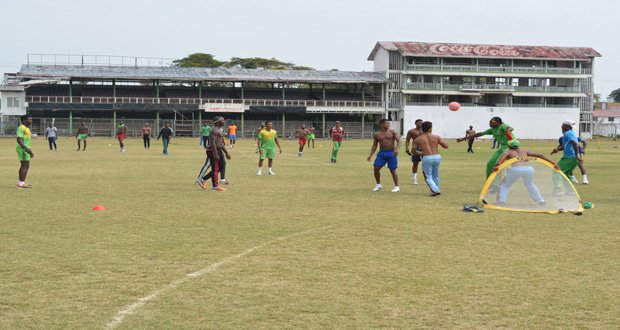 Players were involved in a football game prior to net session yesterday at GCC ground, ahead of the second half of the WICB PCL Regional four-day tournament.