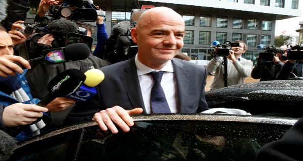 FIFA presidential candidate Gianni Infantino leaves after his visit to the CONCACAF meeting in Zurich, Switzerland, yesterday.