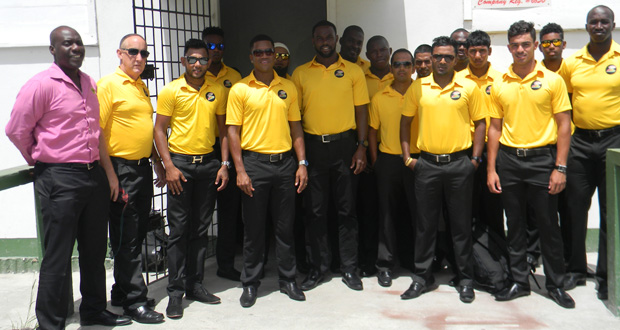 The Guyana Jaguars squad at the Ogle International Airport yesterday.