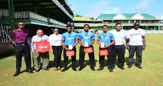 (from left) Director of Sport, Christopher Jones, President of the Guyana Cricket Board (GCB) Drubahadur,  Digicel's Public Relations Officer Vidya Brijlall-Sanichara, Keemo Paul, Shimron Hetymer, Tevin Imlach, Anand Kaladeen and Paul Slowe