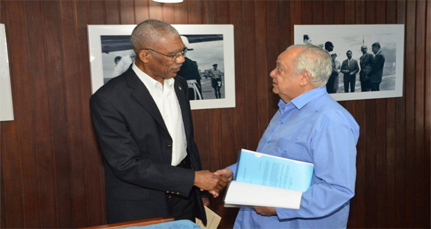 President David Granger greets, Sir Shridath Ramphal during his visit to the Ministry of the Presidency on Friday