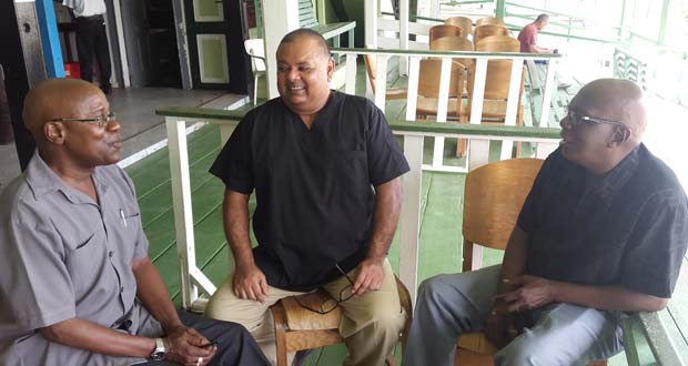(From Left) Phillip Smith, optometrist Lionel Jaikaran and Oswald Young, who are contesting LGE Georgetown constituency #1, during one of their many discussions.