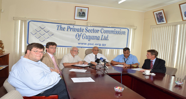 From Left: Deputy Chief of Mission at the US Embassy, Bryan Hunt; British High Commissioner Gregg Quinn; members of the PSC: Kit Nascimento, Chairman Norman McLean and Gerry Gouveia; and Charge d Affaires, Canadian High Commission, Daniel Joly (right), at the joint press conference on Friday