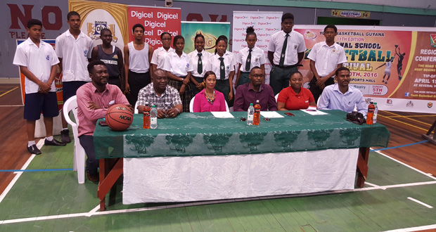 Representatives from the various sponsors, along with organisers of the YBG National School’s Basketball Championship at yesterday’s launch