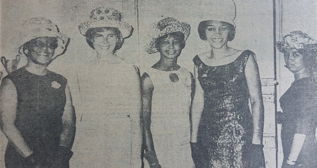 Independence hats - 
Models of an Independence hat contest in March, 1966, from left to right, Mrs Sonny Boyce, Mrs Donna Smith, Lena Bowen, Bona Jay and Bridget Chow-How.  The hats were chosen as those women were likely to wear on Independence Day.