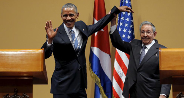President Barack Obama and Cuban President Raul Castro gesture after a news conference as part of Obama's three-day visit to Cuba, in Havana March 21, 2016. Obama is the first U.S. president to visit Cuba in 88 years. (REUTERS/Carlos Barria)