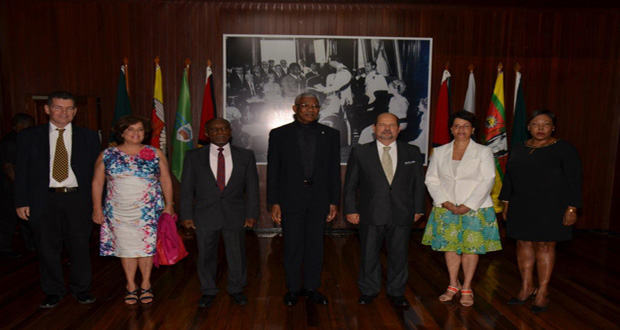 From left: Honorary Consul of Portugal in Guyana, Michael Correia Jnr; Mrs. Teles Fazendeiro (wife of the new ambassador); Minister Carl Greenidge; President David Granger; Ambassador Manuel De Jesus Teles Fazendeiro; Ministry of Foreign Affairs’ Director-General, Audrey Waddell; and Chief of Protocol, Esther Griffith, after the accreditation ceremony at the Ministry of the Presidency (Ministry of the Presidency photo)