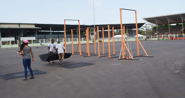 Materials being laid as part of the workout session for today’s E-Networks Fitness Challenge (Ivan Bentham Photo)