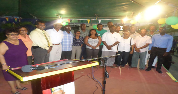 From L-R Minister of Social Cohesion, Amna Ally;Minister of Telecommunications and Tourism, Cathy Hughes; Minister of Public Security, Khemraj Ramjattan;  and President David Granger, along with councillors of Rose Hall Town