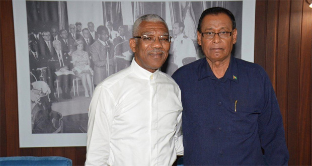 President David Granger with Guyana's Ambassador to Cuba, Mr. Halim Majeed, after their meeting at the Ministry of the Presidency