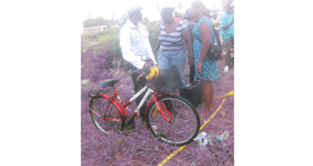 A policeman with Dovan Sheppard’s bicycle, which was removed from the trench