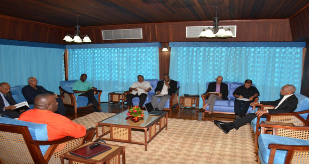 President David Granger in discussions with (at his right) Ministers Sydney Allicock, Ronald Bulkan and Joseph Harmon. Ministers Raphael Trotman and Noel Holder are sitting second and third from left respectively, while Director General of Guyana's Civil Defence Commission; Retired Colonel Chabilall Ramsarup is at fourth from right