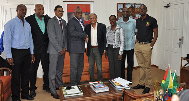 (L-R) Permanent Secretary, Alfred King, GABF President, Nigel Hinds, GABF Patrick Haynes, Glyne Clarke, Minister of Education, Dr. Rupert Roopnaraine, Minister Nicolette Henry, Kenrick Thomas, Director of Sport, Christopher Jones.