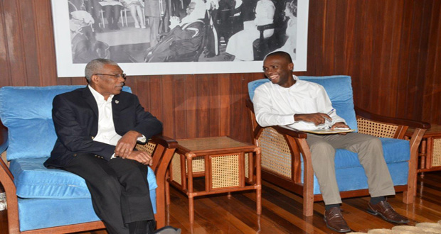 President David Granger and Mayor of Bartica, Gifford Marshall, share a light moment at the Ministry of the Presidency on Monday