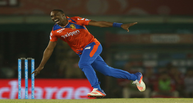 Dwayne Bravo shows his delight after dismissing David Miller for 15 in Mohali, yesterday. (BCCI photo)