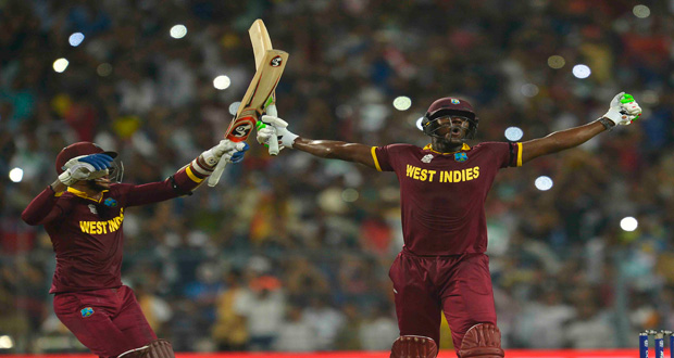 Carlos Brathwaite and Marlon Samuels soak in the moment after West Indies thrilling last over win at Eden Gardens. (WICB Media)