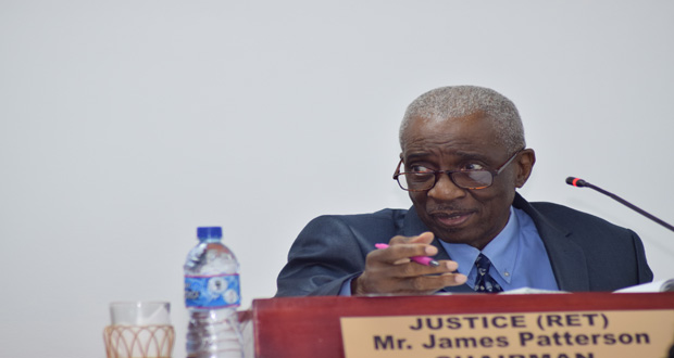 Chairman of the Commission of Inquiry into the Georgetown prison riots, Justice James Patterson (rtd), at the CoI yesterday (Photo by Cullen Bess-Nelson)