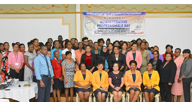 First Lady Mrs. Sandra Granger (centre, front row) with members of the Guyana Association of Administrative Professionals (GAAP) and participants of the seminar at the Regency Suites yesterday.