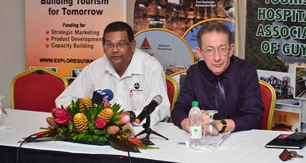 (Left) GTA Head  Indranauth Haralsingh and President of THAG Shaun McGrath during the press conference.