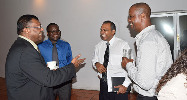 Public Security Minister Khemraj Ramjattan, an unnamed official, former Minister of Youth, Sport and Culture Dr Frank Anthony, and Permanent Secretary at the Minister of Education’s Department for Youth, Sport and Culture Alfred King enjoy a light moment at the end of the opening ceremony for the consultation on the draft Juvenile Justice Bill