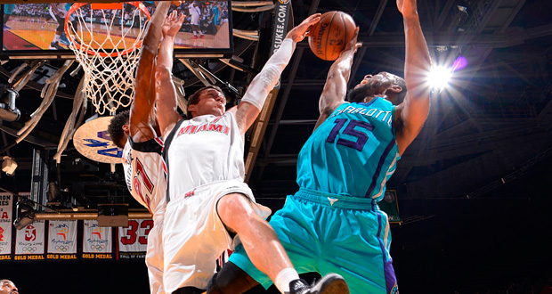 Goran Dragic of the Miami Heat blocks the shot against the Charlotte Hornets during the Eastern Conference playoffs First Round Game Two. (Getty Images)