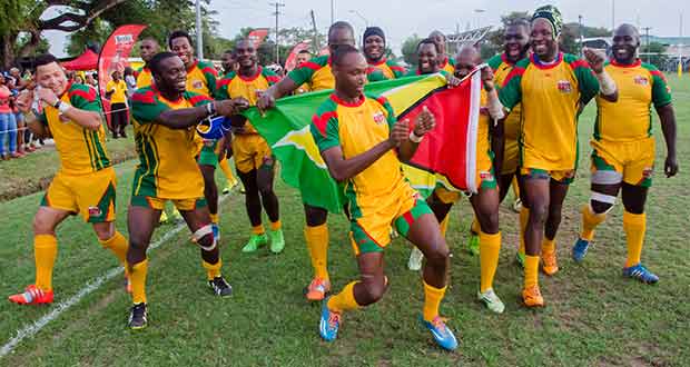 The victorious Guyana team celebrate after ‘frying’ Barbados 48-17 at the National Park (Delano Williams photos)