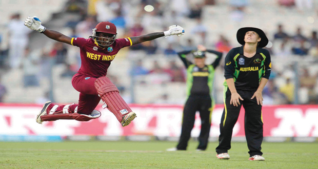 Deandra Dottin leaps for joy as the West Indies team won the Women’s World T20 tournament for the first time. (WICB Media).