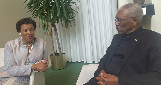 President David Granger during the meeting with Commonwealth Secretary General, Baroness Patricia Scotland, in New York on Friday last
