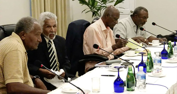 Some of the West Indies legends at the April 14 meeting in Grenada. From left: Andy Roberts, Deryck Murray, Wes Hall and Charlie Griffith.