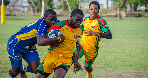 Part of the action from the Barbados vs Guyana game at the National Park last Saturday (Delano Williams photo)