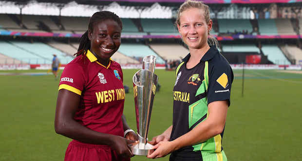Stafanie Taylor and Meg Lanning with the Women's World T20 trophy in Kolkata, yesterday. (ESPN Cricinfo photo)
