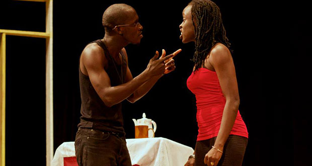 Keon Heywood (left) and Tashandra Inniss performing a piece written by Tashandra for the National School of Theatre Arts and Drama, Performance pieces Emotions (Photo by Kojo McPherson)