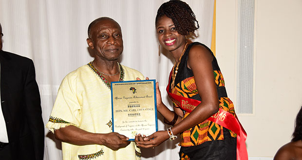 Vice-President and Foreign Affairs Minister Carl Greenidge received his award for his continuous contribution to the development of Guyana