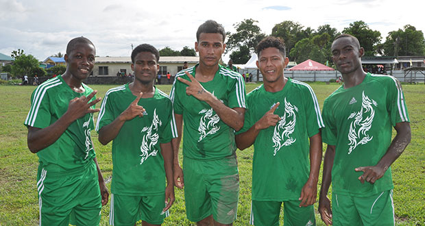 Kuru Kurruru goalscorers from left: Kevon Walker, Christopher Alleyne, Rakesh Haimnauth, Mario De Freitas and Cordell Johnson