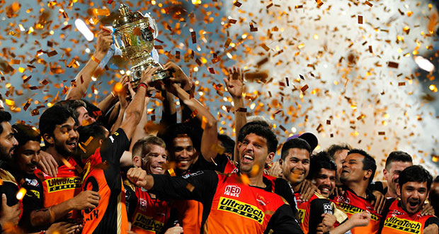 Sunrisers Hyderabad celebrate their maiden IPL title in Bangalore, yesterday.